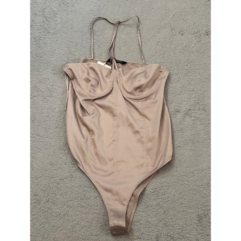 Zara Satin Bustier Bodysuit Taupe Underwire Adjustable Straps NWT Large